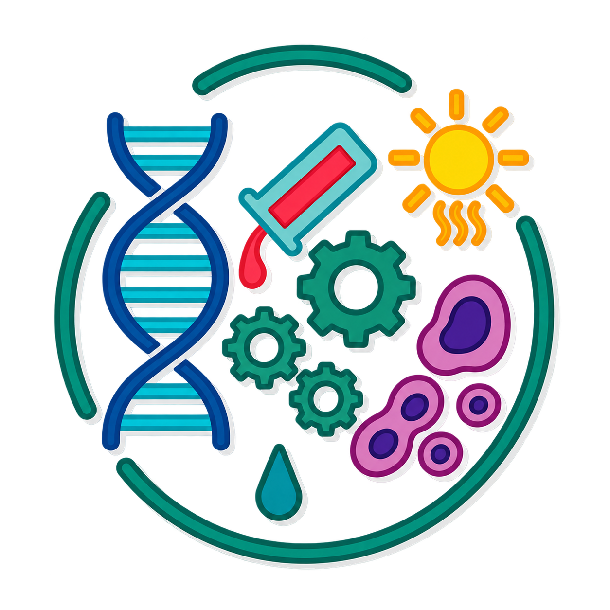 Dewar Lab illustration featuring DNA, a pipette, gears and cells.